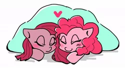 Size: 1024x561 | Tagged: safe, artist:asg, derpibooru import, pinkie pie, earth pony, pony, blanket, female, heart, mare, self paradox, self ponidox, simple background, sleeping, white background