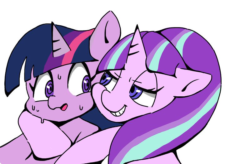 Size: 720x526 | Tagged: safe, artist:asg, derpibooru import, starlight glimmer, twilight sparkle, twilight sparkle (alicorn), alicorn, pony, unicorn, female, lesbian, mare, shipping, simple background, sweat, twistarlight, white background