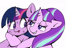 Size: 720x526 | Tagged: safe, artist:asg, derpibooru import, starlight glimmer, twilight sparkle, twilight sparkle (alicorn), alicorn, pony, unicorn, female, lesbian, mare, shipping, simple background, sweat, twistarlight, white background