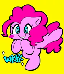 Size: 768x879 | Tagged: safe, artist:asg, derpibooru import, pinkie pie, earth pony, pony, female, looking at you, mare, simple background, solo, yellow background