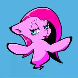 Size: 768x768 | Tagged: safe, artist:asg, derpibooru import, pinkie pie, pony, :p, blue background, female, looking at you, looking back, looking back at you, mare, pinkamena diane pie, silly, simple background, solo, tongue out