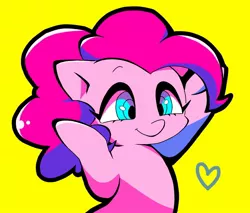 Size: 1274x1086 | Tagged: safe, artist:asg, derpibooru import, pinkie pie, earth pony, pony, female, heart, mare, simple background, solo, yellow background