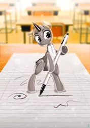 Size: 900x1273 | Tagged: safe, artist:mrs1989, derpibooru import, ponified, object pony, original species, pony, :3, bipedal, bipedal leaning, classroom, cute, desk, drawing, leaning, paper, pen, school, solo