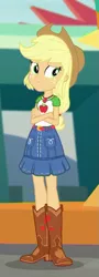 Size: 291x810 | Tagged: safe, derpibooru import, applejack, equestria girls, equestria girls series, rollercoaster of friendship, boots, clothes, cowboy boots, cowboy hat, cropped, crossed arms, denim skirt, female, freckles, geode of super strength, hat, shoes, skirt, stetson