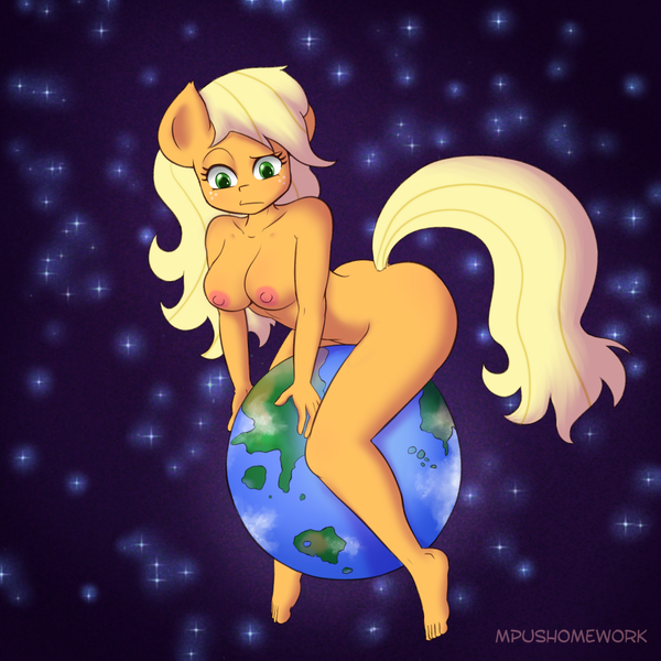 Size: 1000x1000 | Tagged: questionable, artist:empyu, derpibooru import, applejack, anthro, earth pony, plantigrade anthro, breasts, earth, female, giantess, macro, mare, nipples, nudity, planet, pony bigger than a planet, solo, solo female, space