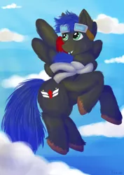 Size: 1024x1448 | Tagged: safe, artist:fishiewishes, derpibooru import, oc, oc:silverwind, unofficial characters only, pegasus, pony, clothes, cloud, commission, flying, goggles, male, scarf, sky, solo, stallion, unshorn fetlocks, wind