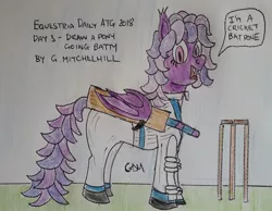 Size: 1617x1254 | Tagged: safe, artist:rapidsnap, derpibooru import, oc, oc:amethyst shade, unofficial characters only, bat pony, bad pun, cricket, cricket bat, pun, solo, sports, traditional art