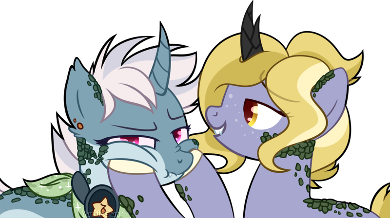 Size: 1237x692 | Tagged: safe, artist:yankirichan, derpibooru import, oc, oc:chiyo, oc:noriko, earth pony, kirin, pony, unicorn, bandana, blonde, female, golden eyes, scales, simple background, sisterly love, sisters, smiling, squishy cheeks, unamused, white background, white hair, ych result