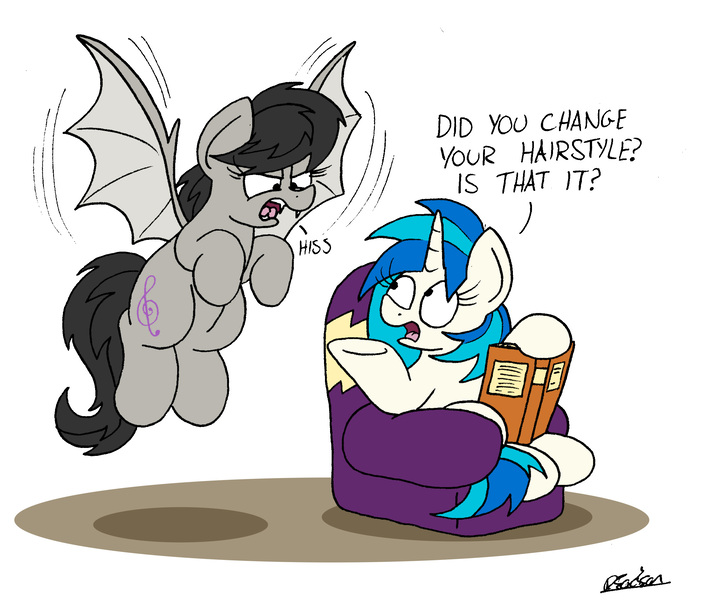 Size: 2214x1886 | Tagged: safe, artist:bobthedalek, derpibooru import, octavia melody, vinyl scratch, bat pony, pony, unicorn, armchair, atg 2018, bat ponified, batavia, book, dialogue, duo, duo female, female, hissing, newbie artist training grounds, oblivious, race swap, simple background, text, this will end in tears, white background