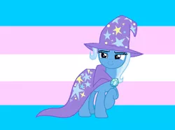 Size: 978x728 | Tagged: safe, derpibooru import, trixie, pony, unicorn, female, gender headcanon, headcanon, lgbt, lgbt headcanon, lidded eyes, mare, pride, raised hoof, smiling, solo, trans girl, trans mare trixie, trans trixie, transgender, transgender pride flag