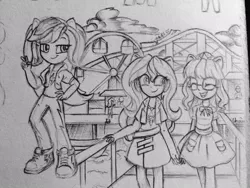 Size: 960x720 | Tagged: safe, artist:chautung, derpibooru import, rainbow dash, sci-twi, sunset shimmer, twilight sparkle, equestria girls, amusement park, converse, cute, dashabetes, eyes closed, female, lesbian, pencil drawing, ponied up, scitwishimmer, shimmerbetes, shipping, shoes, smiling, sunsetsparkle, traditional art, twiabetes