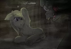 Size: 1187x816 | Tagged: semi-grimdark, artist:scarrly, derpibooru import, oc, oc:nina, bat pony, ghoul, pony, fallout equestria, armpits, crying, dialogue, fear, semi-monochrome, tail between legs, this will end in death, this will end in tears and/or death, underhoof