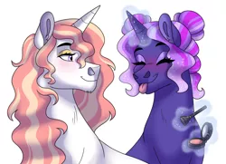Size: 1024x741 | Tagged: safe, artist:cascayd, derpibooru import, oc, oc:lance, oc:midnight crescendo, unofficial characters only, pony, unicorn, digital art, duo, female, magic, magical lesbian spawn, makeup, male, mare, next generation, offspring, parent:fleur-de-lis, parent:prince blueblood, parent:princess luna, parent:tempest shadow, parents:fleur-de-blueblood, parents:tempestluna, simple background, stallion, story in the source, story included, telekinesis, tongue out, white background