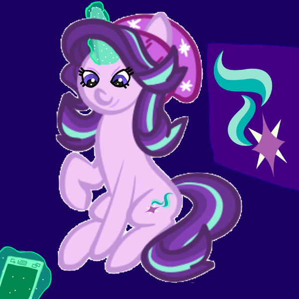 Size: 1000x1000 | Tagged: safe, artist:katya, derpibooru import, starlight glimmer, ponified, pony, unicorn, equestria girls, mirror magic, spoiler:eqg specials, beanie, equestria girls ponified, glowing horn, hat, magic, mobile phone, phone, solo, telekinesis