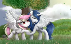 Size: 2100x1300 | Tagged: safe, derpibooru import, oc, oc:prince nova, oc:rainy skies, unofficial characters only, alicorn, pegasus, pony, alicorn oc, cloud, duo, eyes closed, holding hooves, novaskies, outdoors, scenery, spread wings, tree, wings