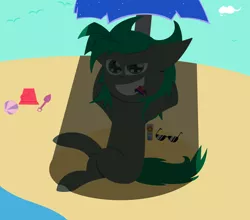 Size: 2624x2312 | Tagged: safe, artist:deerbutt, derpibooru import, oc, oc:minus, unofficial characters only, earth pony, pony, beach, beach ball, bright, bucket, chillaxing, cloud, food, heart eyes, ice cream, male, ocean, sand, shade, shading, shovel, sky, smiling, solo, sun cream, sunglasses, umbrella, wingding eyes