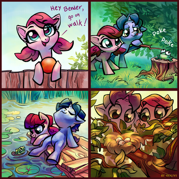 Size: 2650x2650 | Tagged: safe, artist:holivi, derpibooru import, oc, oc:bender watt, oc:holivi, unofficial characters only, earth pony, fish, frog, pony, unicorn, :3, :p, ball, bird nest, colt, cute, derp, duo, egg, eye contact, female, fence, filly, floppy ears, foal, holiwatt, hoof hold, leaning, looking at each other, looking at something, male, nature, nest, ocbetes, pier, poking, pond, scenery, silly, sitting, smiling, stick, tongue out, tree, tree branch, tree stump, water