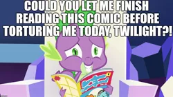 Size: 1280x720 | Tagged: abuse, all bottled up, comic, comic book, derpibooru import, edit, edited screencap, editor:useraccount, go to sleep garble, image macro, meme, reading, safe, screencap, spike, spikeabuse, torture, twilight sparkle