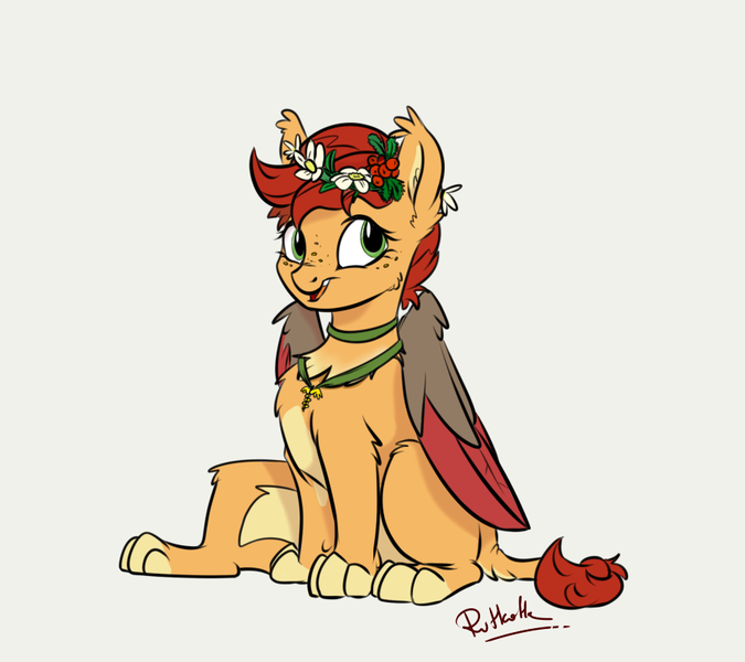 Size: 900x800 | Tagged: artist:rutkotka, big cat, cute, derpibooru import, female, floral head wreath, flower, hybrid, jewelry, lion, mare, medic, medic shani, necklace, quadrupedal, safe, sitting, sphinx, the witcher, wings