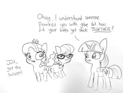 Size: 1820x1381 | Tagged: safe, artist:tjpones, derpibooru import, diamond tiara, silver spoon, twilight sparkle, twilight sparkle (alicorn), alicorn, earth pony, pony, black and white, bump bump sugar lump rump, butt to butt, butt touch, dialogue, female, filly, glasses, glue, grayscale, jewelry, lineart, mare, monochrome, simple background, stuck together, tiara, traditional art