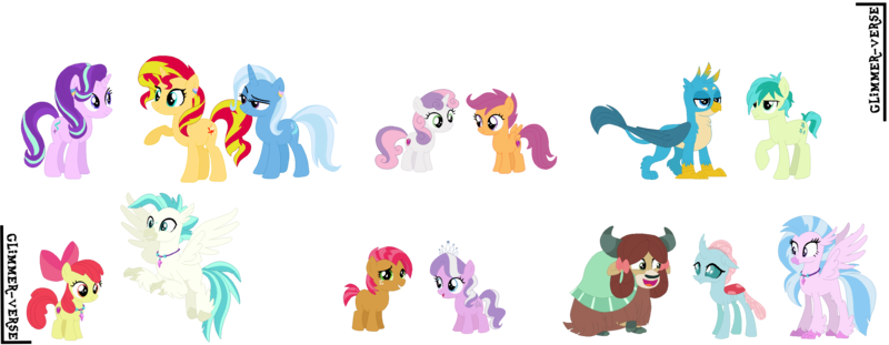 Size: 2944x1146 | Tagged: safe, artist:glimmer-verse, derpibooru import, apple bloom, gallus, ocellus, sandbar, scootaloo, silverstream, smolder, starlight glimmer, sunset shimmer, sweetie belle, terramar, trixie, yona, changedling, changeling, classical hippogriff, dragon, earth pony, gryphon, hippogriff, pony, yak, babstiara, bisexual, bow, cloven hooves, cutie mark crusaders, dragoness, female, flying, gallbar, gay, hair bow, jewelry, lesbian, male, monkey swings, necklace, ocellustream, shimmerglimmer, shipping, simple background, startrix, straight, student six, suntrix, teenager, terrabloom, transparent background, yonastream, yonellus