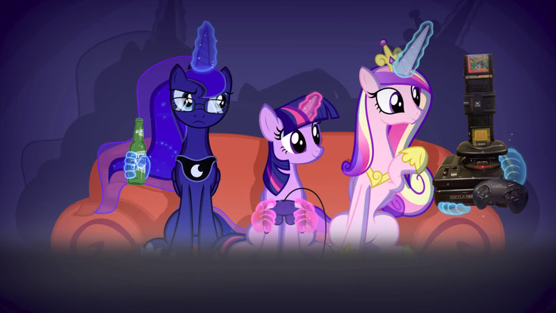 Size: 1824x1026 | Tagged: safe, artist:2snacks, derpibooru import, princess cadance, princess luna, twilight sparkle, twilight sparkle (alicorn), alicorn, two best sisters play, alcohol, angry video game nerd, beer, controller, couch, female, game genie, genesis, glasses, hand, image, levitation, magic, magic hands, mare, muna, png, sega 32x, sega cd, sega genesis, sonic and knuckles, sonic the hedgehog, sonic the hedgehog (series), sonic the hedgehog 3, telekinesis, tower of power, twiliam, wooldance, xband