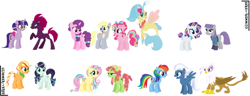 Size: 3248x1256 | Tagged: safe, artist:glimmer-verse, derpibooru import, applejack, coloratura, derpy hooves, fluttershy, gilda, maud pie, night glider, pinkie pie, princess skystar, rainbow dash, rarity, sugar belle, tempest shadow, tree hugger, twilight sparkle, twilight sparkle (alicorn), alicorn, derpybelle, female, flutterhugger, gildash, interspecies, lesbian, rarajack, rarimaud, shipping, simple background, skypie, tempestlight, transparent background