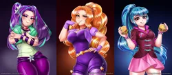 Size: 2286x1000 | Tagged: safe, artist:racoonsan, derpibooru import, edit, adagio dazzle, aria blaze, sonata dusk, human, equestria girls, rainbow rocks, adoragio, adorasexy, anime, ariabetes, belt, bracelet, breasts, busty adagio dazzle, busty aria blaze, busty dazzlings, busty sonata dusk, clothes, curvy, cute, eyeshadow, female, fingerless gloves, food, gem, gloves, hand on hip, hips, hourglass figure, humanized, jewelry, leggings, looking at you, looking down, makeup, moe, nail polish, pants, pigtails, ponytail, raised eyebrow, sexy, siren gem, skirt, smiling, sonatabetes, sonataco, spiked wristband, stupid sexy sonata dusk, taco, that girl sure loves tacos, the dazzlings, tongue out, trio, trio female, twintails, wristband