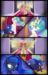 Size: 1024x1600 | Tagged: safe, artist:bonsia-lucky, derpibooru import, fluttershy, princess celestia, princess luna, pony, comic:on your own, age regression, comic, royal sisters