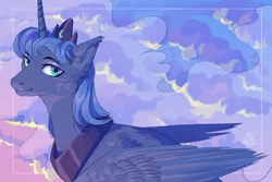 Size: 1904x1274 | Tagged: safe, artist:lunarkisa, artist:ssilverbeeze, derpibooru import, princess luna, alicorn, pony, cloud, female, looking at you, mare, s1 luna, solo