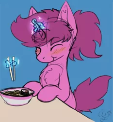Size: 722x776 | Tagged: safe, artist:aurorafang, derpibooru import, oc, oc:aurorafang, unofficial characters only, unicorn, blue background, blushing, bowl, chest fluff, chopsticks, eating, food, male, noodles, ramen, simple background, solo, stallion, sushi, table