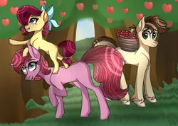 Size: 1024x731 | Tagged: safe, artist:misskitkat2002, derpibooru import, oc, oc:apple patch, oc:daisy, oc:wildflower, unofficial characters only, earth pony, pony, apple, apple tree, basket, bow, female, food, male, mare, offspring, parent:applejack, parent:big macintosh, parent:caramel, parent:cheerilee, parents:carajack, parents:cheerimac, stallion, tree