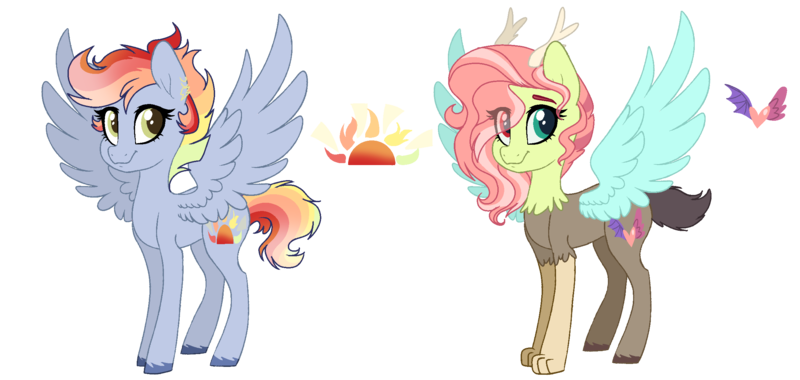 Size: 2440x1158 | Tagged: safe, artist:spectrumnightyt, derpibooru import, oc, oc:spring heart, oc:sunset swirls, unofficial characters only, hybrid, pegasus, pony, female, interspecies offspring, mare, offspring, parent:discord, parent:princess celestia, parent:rainbow dash, parent:soarin', parents:dislestia, parents:soarindash, simple background, spread wings, transparent background, wings
