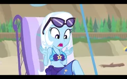 Size: 1280x800 | Tagged: suggestive, derpibooru import, edit, edited screencap, screencap, trixie, equestria girls, equestria girls series, forgotten friendship, beach, beach chair, belly button, breast edit, breasts, busty trixie, cleavage, clothes, female, midriff, sexy, solo, sunglasses, swimsuit