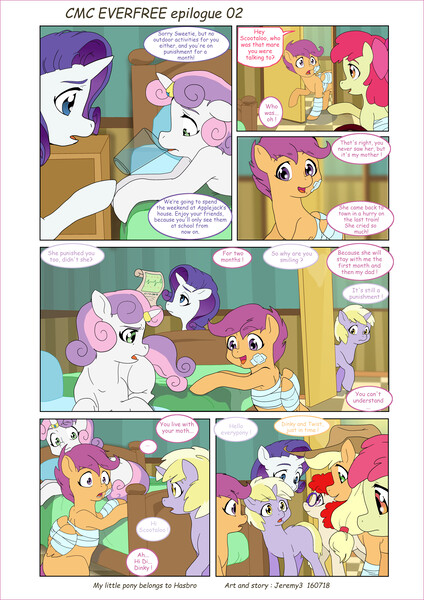 Size: 6197x8760 | Tagged: safe, artist:jeremy3, derpibooru import, apple bloom, applejack, dinky hooves, rarity, scootaloo, sweetie belle, twist, earth pony, pegasus, pony, unicorn, comic:everfree, comic:everfree cmc epilogue, absurd resolution, bandage, comic, cutie mark crusaders, drinking, glass, horn ring, hospital, implied scootaloo's parents, water