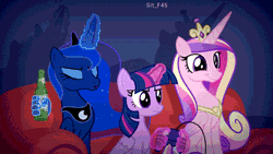 Size: 500x281 | Tagged: alicorn, animated, artist:2snacks, bottle, controller, derpibooru import, gamecube controller, liam sparkle, muna, princess cadance, princess luna, safe, twilight sparkle, twilight sparkle (alicorn), two best sisters play, wooldance