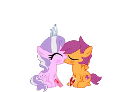 Size: 2732x2048 | Tagged: safe, artist:turnaboutart, derpibooru import, diamond tiara, scootaloo, earth pony, pegasus, pony, base used, blushing, card, colt, cute, female, filly, half r63 shipping, hearts and hooves day, hearts and hooves day cards, jewelry, kissing, male, rule 63, scooteroll, scootiara, shipping, simple background, skatiara, straight, tiara, transparent background, young love