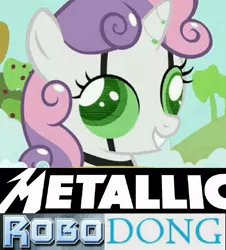 Size: 995x1103 | Tagged: suggestive, derpibooru import, sweetie belle, pony, robot, robot pony, unicorn, apple tree, caption, derp, expand dong, exploitable meme, female, filly, foal, horn, image macro, implied futa, implied penis, meme, metallica, robocop, smiling, solo, sweetie bot, teeth, text, tree