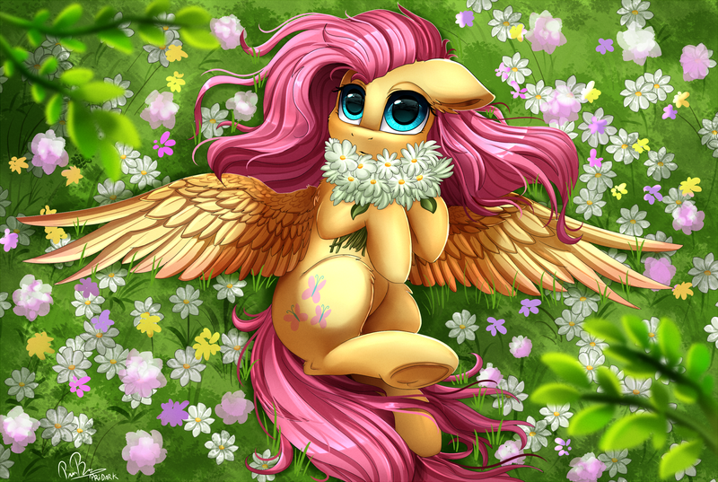 Size: 2516x1689 | Tagged: safe, artist:pridark, derpibooru import, fluttershy, pegasus, pony, commission, cute, daaaaaaaaaaaw, female, flower, grass field, hnnng, mare, precious, pridark is trying to murder us, scenery, shyabetes, solo, spread wings, underhoof, weapons-grade cute, wings