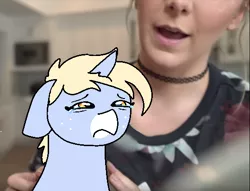 Size: 540x413 | Tagged: artist:nootaz, derpibooru import, human, irl, jenna marbles, noot abuse, oc, oc:nootaz, photo, ponies in real life, sad, safe, teary eyes