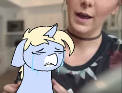 Size: 540x413 | Tagged: artist:nootaz, crying, derpibooru import, human, irl, jenna marbles, noot abuse, oc, oc:nootaz, photo, ponies in real life, sad, safe, teary eyes