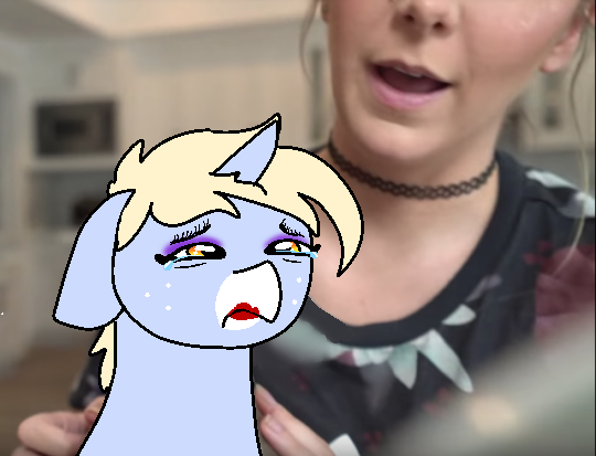 Size: 540x413 | Tagged: alternate version, artist:nootaz, derpibooru import, human, irl, irl human, jenna marbles, makeup, noot abuse, oc, oc:nootaz, photo, ponies in real life, sad, safe, teary eyes