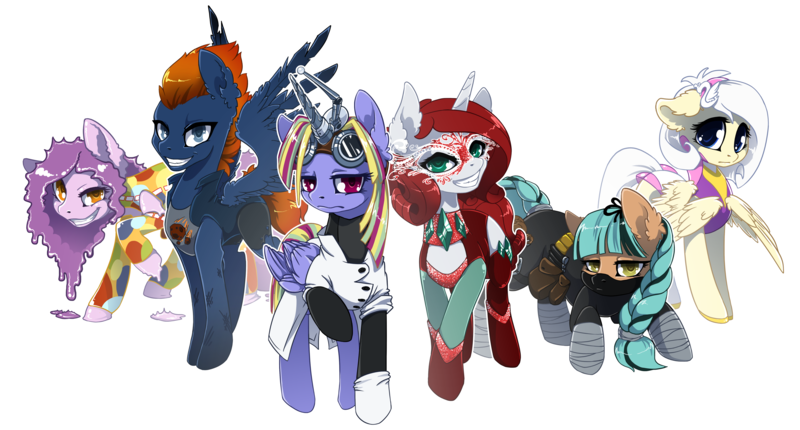 Size: 5807x3124 | Tagged: safe, artist:arctic-fox, derpibooru import, oc, oc:mesmeralda, oc:meteoryte, oc:missfortune, oc:stickywicket, oc:the antimattercorn, oc:yellowbelly, unofficial characters only, alicorn, pegasus, pony, unicorn, alicorn oc, another source in the description, bad guys, clothes, goggles, group, looking at you, raised hoof, simple background, teeth, the sinister six, transparent background