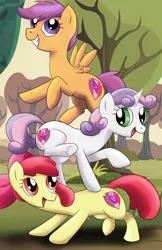 Size: 1012x1564 | Tagged: safe, artist:wolftendragon, derpibooru import, apple bloom, scootaloo, sweetie belle, earth pony, pegasus, pony, unicorn, cutie mark crusaders, female, filly, pony pile, scenery, tower of pony, tree, trio