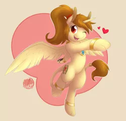 Size: 854x822 | Tagged: alicorn, alicorn oc, artist:skyheavens, bipedal, commission, cute, dancing, derpibooru import, female, genie, heart, jewelry, necklace, oc, oc:katya ironstead, one eye closed, paws, safe, shantae, simple background, solo, species swap, sphinx, sphinxified, sphinx oc, underpaw, unofficial characters only, wink