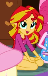 Size: 206x323 | Tagged: suggestive, derpibooru import, edit, edited edit, edited screencap, editor:slayerbvc, screencap, fluttershy, pinkie pie, sunset shimmer, equestria girls, rainbow rocks, bottomless, clothes, cropped, cute, kneeling, no pants, pajamas, partial nudity, shimmerbetes, smiling, strategically covered