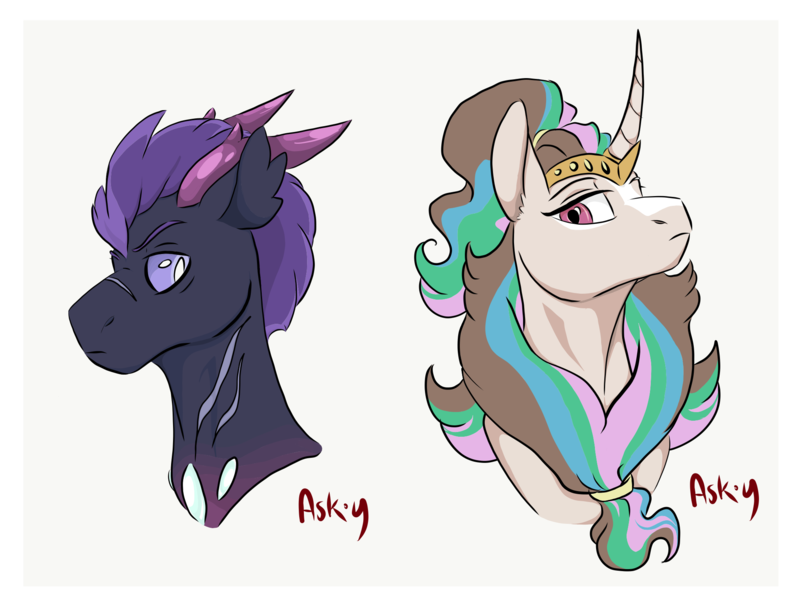 Size: 2048x1536 | Tagged: artist:ask-y, bust, changepony, derpibooru import, female, gray background, hybrid, interspecies offspring, oc, oc:solemn glory, oc:vehement, offspring, parent:pharynx, parent:princess celestia, parent:scorpan, parents:scorlestia, parents:tempynx, parent:tempest shadow, portrait, safe, simple background, unofficial characters only, white background