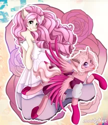 Size: 2000x2311 | Tagged: safe, artist:mailner, derpibooru import, ponified, alicorn, pony, spoiler:steven universe, alicornified, blushing, clothes, crossover, diamond, dress, duo, female, flower, gloves, mane, mare, pink diamond (steven universe), pink hair, race swap, rose, rose quartz (steven universe), self ponidox, shoes, socks, spoilers for another series, steven universe, tongue out