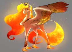 Size: 1024x736 | Tagged: safe, artist:bootsdotexe, derpibooru import, princess celestia, alicorn, pony, comic:beyond our borders, alternate design, alternate universe, colored fetlocks, ethereal fetlocks, ethereal mane, female, four wings, gray background, mane of fire, mane on fire, mare, multiple wings, simple background, smiling, solo, unshorn fetlocks, wings
