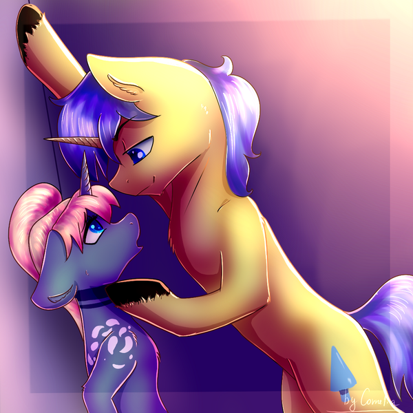 Size: 1080x1080 | Tagged: safe, artist:cornelia_nelson, derpibooru import, oc, oc:arctic lance, oc:blue spinel, unicorn, against wall, female, hoof under chin, kabedon, looking at each other, male, mare, nervous, stallion, ych result